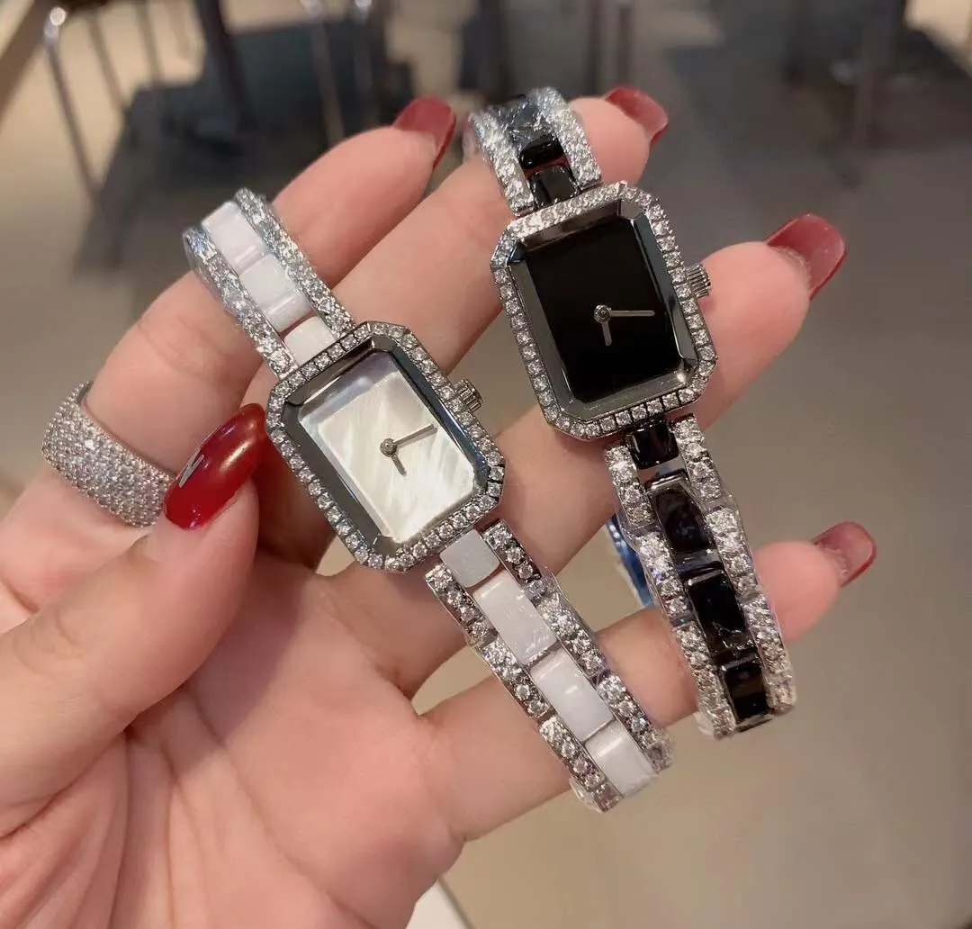 mode nieuwe geometrische kristallen rechthoek horloges vrouwen zirkoon quartz horloge vriendje klok vrouwelijke witte parelmoer shell wijzerplaat zwarte keramische band