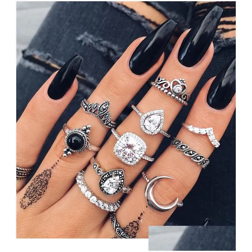 Cluster Rings Retro Knuckles Ring Set Womens Girls Can Stack Sier Fl Diamond Glass Crystal Moon Drop Delivery Jewelry Dhsnl