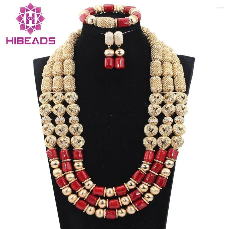 Necklace Earrings Set Latest African Wedding Bridal Beads Honorable Wine Red Coral ABH210