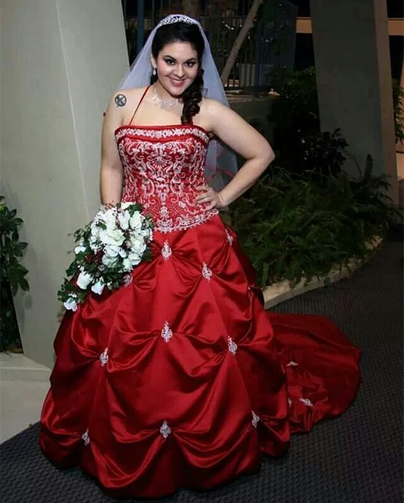 Vintage Dark Red Satin Line A Wedding Dress with Ruched Detailing, Ivory Lace Appliques, Strapless Halter Neck, and Sleeveless - Plus Size Bridal Gown
