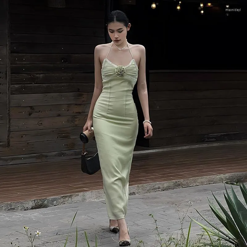 Повседневные платья зеленые платья аппликации сексуальные погребки Открыть элегантную вечеринку для женщин 2023 летние летние.