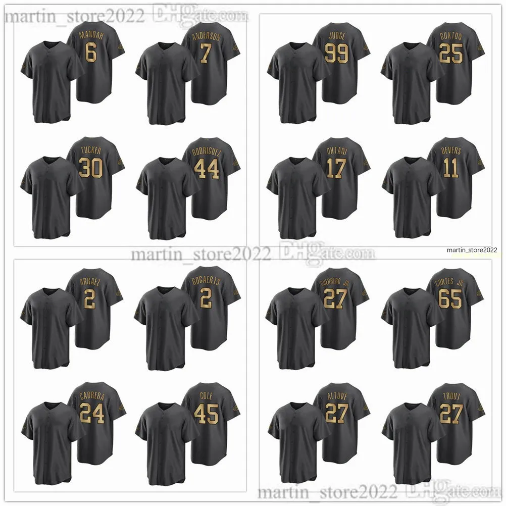 Camisetas de béisbol All-Star 2022 2 Xander Bogaerts 2 Luis Arraez 11 José Ramírez 24 Miguel Cabrera 44 Julio Rodríguez 6 Alek Manoah 45 Gerrit Cole 65 Néstor Cortés Jr.