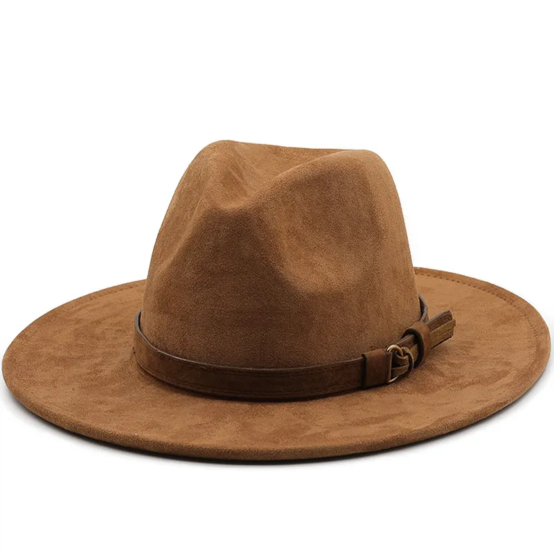 Sombrero Fedora de Jazz de gamuza con cinturón marrón para hombre, sombrero de vaquero occidental de ala ancha, sombreros de iglesia para fiesta, sombrero de sol Panamá elegante para mujer