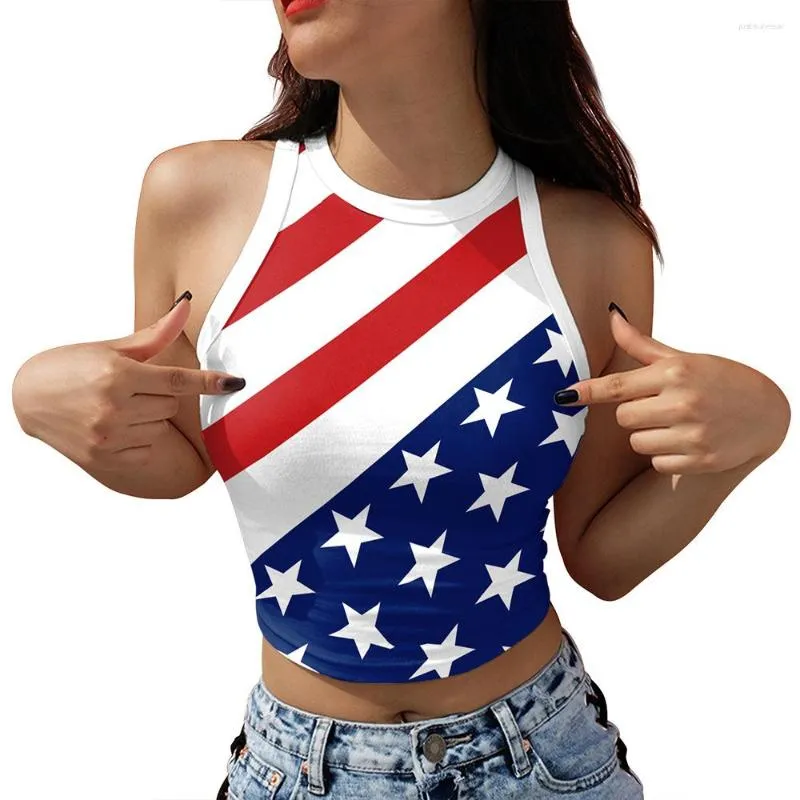 Kvinnors T-skjortor sommaren den 4 juli Crop Top Vest Women Independence Day Flag ärmlös off-the-shoulder Tank Girl Short Camisole Sun-Top2024