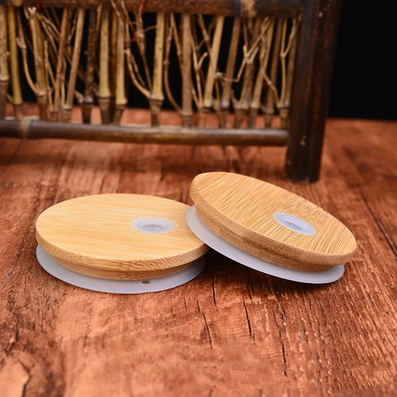 Bamboe beker deksels Herbruikbare houten Mason Jar deksel met rietje gat en siliconen siliconen rietje klep siliconen afdichting houten opslagtank deksels 70 mm