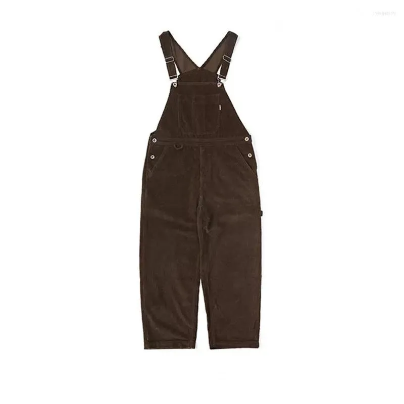 Herrbyxor vintage corduroy one bit bibbyxor raka hängslen avslappnad förtjockad höstvinter jumpsuits overaller