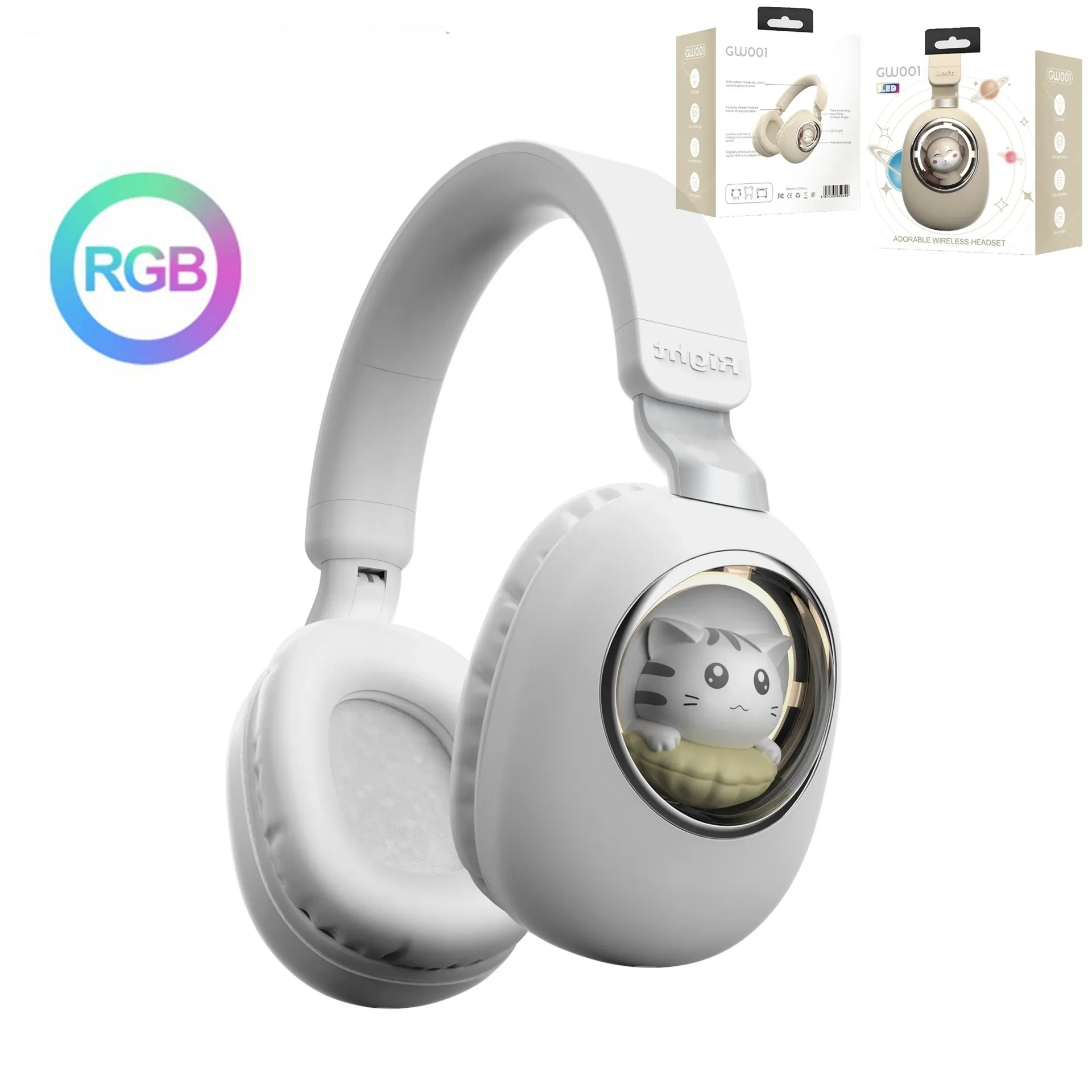 RGB Wireless Headphones Cute Cat Bluetooth Headset with Mic Portable Stereo Music Headphone Noise Cancelling Foldable Stereo Girls Christmas Gift