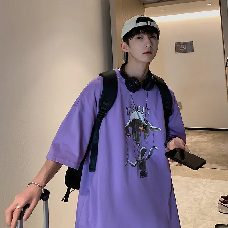 T-shirt viola oversize larghe da uomo Solido traspirante Quck Dry girocollo oversize estivo Girocollo T-shirt estiva con grafica a marionette Camicie Hip Pop Street Style