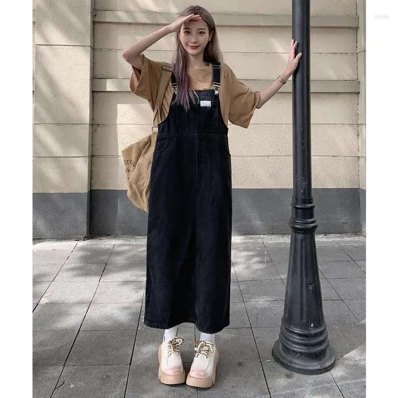 Casual Dresses Spring Summer Denim Overalls Women Adjustable Suspenders  Patch Dress Fashion Slit Solid Jeans Vest Long Skirt