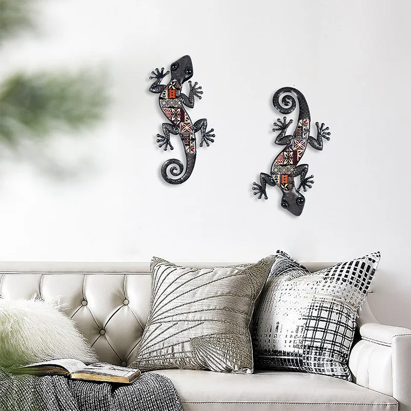 Gecko En Métal Art Mural, Art De Lézard Peint à La Main Unique Couleur Sculpture D Cor Suspendu Pour Maison Chambre Salon Bureau Jardin