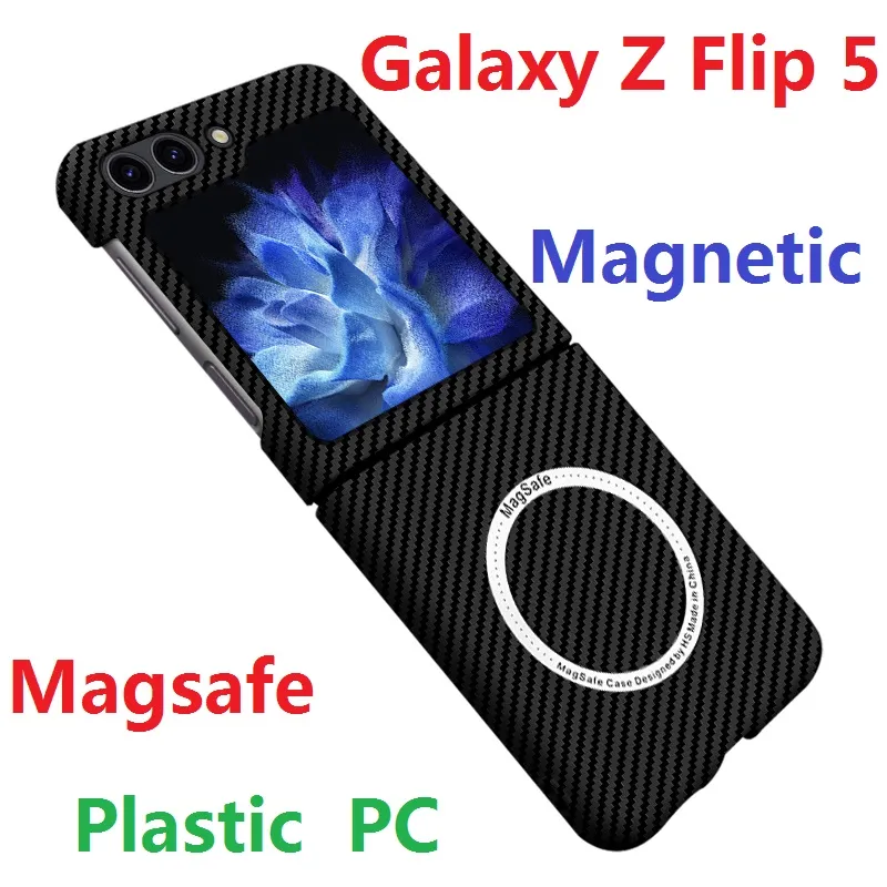 Carbon Fiber Plastic Cases For Samsung Galaxy Z Flip 5 Case Hard MagSafe Wireless Magnetic Cover