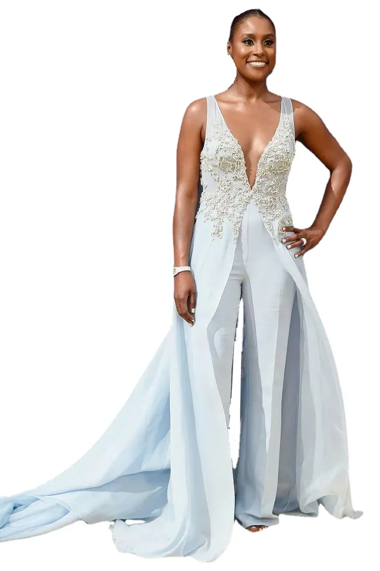 Light Blue Jumpsuits Evening Dresses Beaded Deep V Neck Overskirts Formal Prom Gowns Cheap Chiffon Beach Runway Celebrity Dress Pants