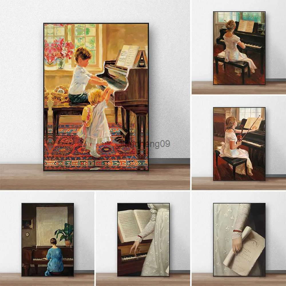 Poster de arte de parede vintage ical crianças que tocam piano mural moderno decoração de casa fotos em tela impressões decoração de sala de estar l230620