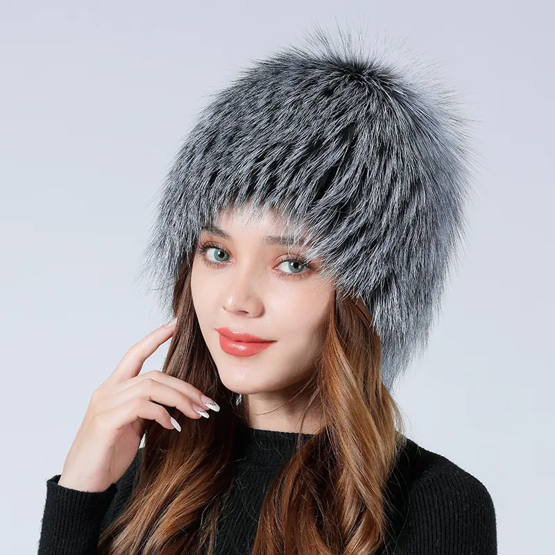 Women's Real Silver Fox Bont Muts Gebreide Cap Beanie Ski Warme Outdoor Skull Hat