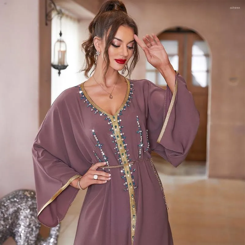 Ropa étnica Cuello en V Vestido elegante Lentejuelas Manga larga Eid Mujeres musulmanas Suelto Abaya Vestidos de fiesta Ramadan Abayas Caftan Kaftan Vestidos