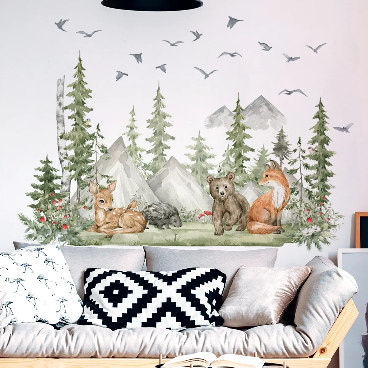 Berge und Bäume Cartoon Tiere Kindergarten PVC Material selbstklebende Wandaufkleber Wanddekoration Wohnaccessoires Tapete