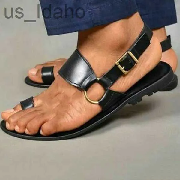 Slipare Sandaler Mäns vintage Toe Ring PU-läder Male Lägenheter Skor Bekväm resa BEAC 2022 Summer Roman Big Size 38-48 J230620