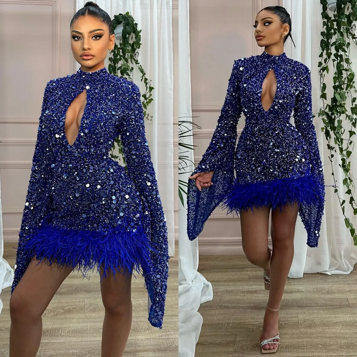 Abito da cocktail sexy con glitter blu royal maniche lunghe collo a buco della serratura abiti da ballo corti piume mini abito da ritorno a casa per occasioni speciali