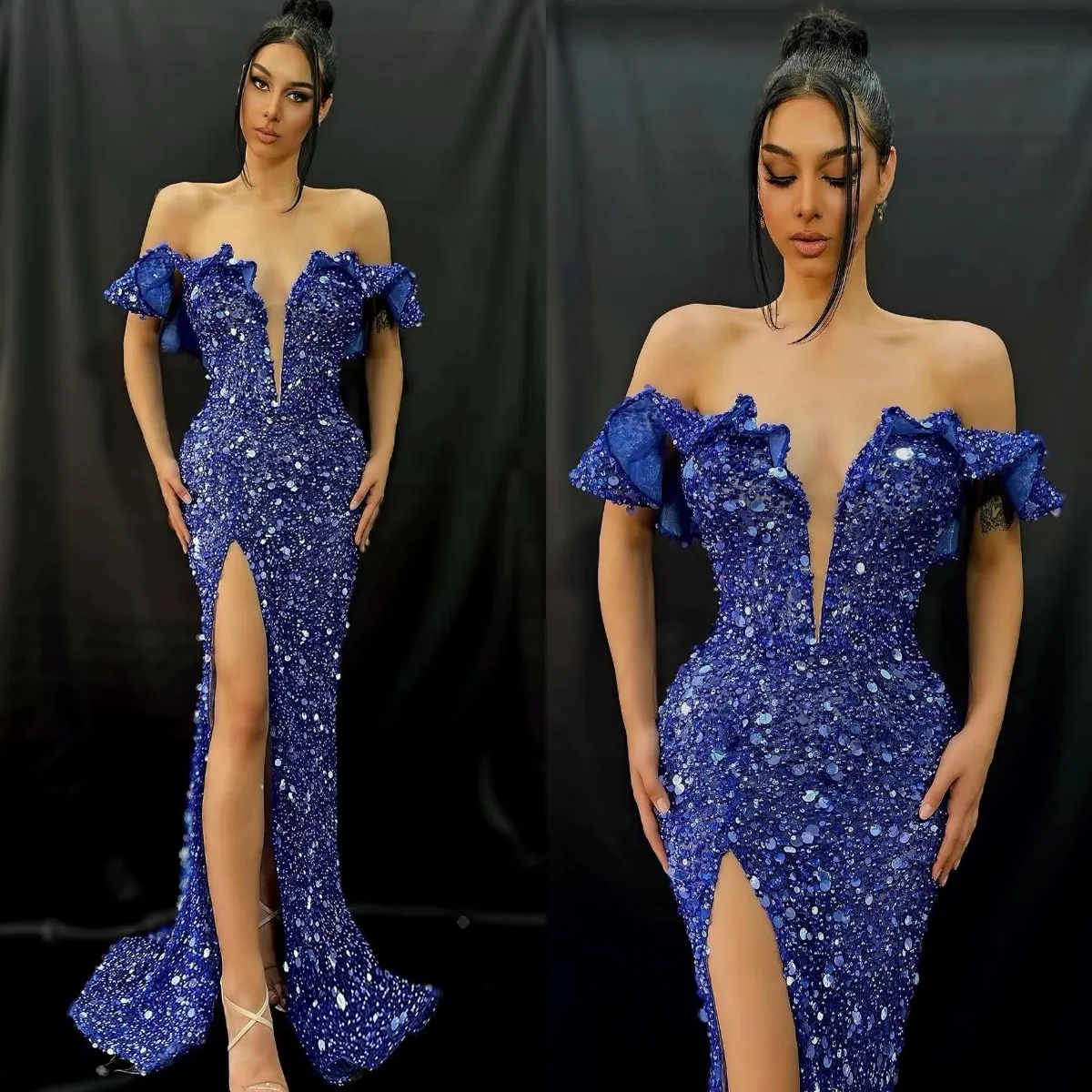 a-line off-the-shoulder sweep train chiffon prom dresses with lace sequins Off Shoulder Sequin Lace Tulle Tiered Long Sweep Train Prom Dress, Slit main image 0