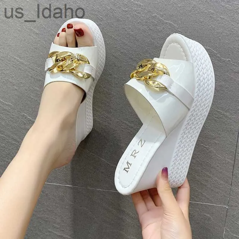 Slippers Platform Chain High Heels Slippers Women's Wedding Shoes Summer 2022 New Casual White Black Wedges Slides Ladies Beac J230620