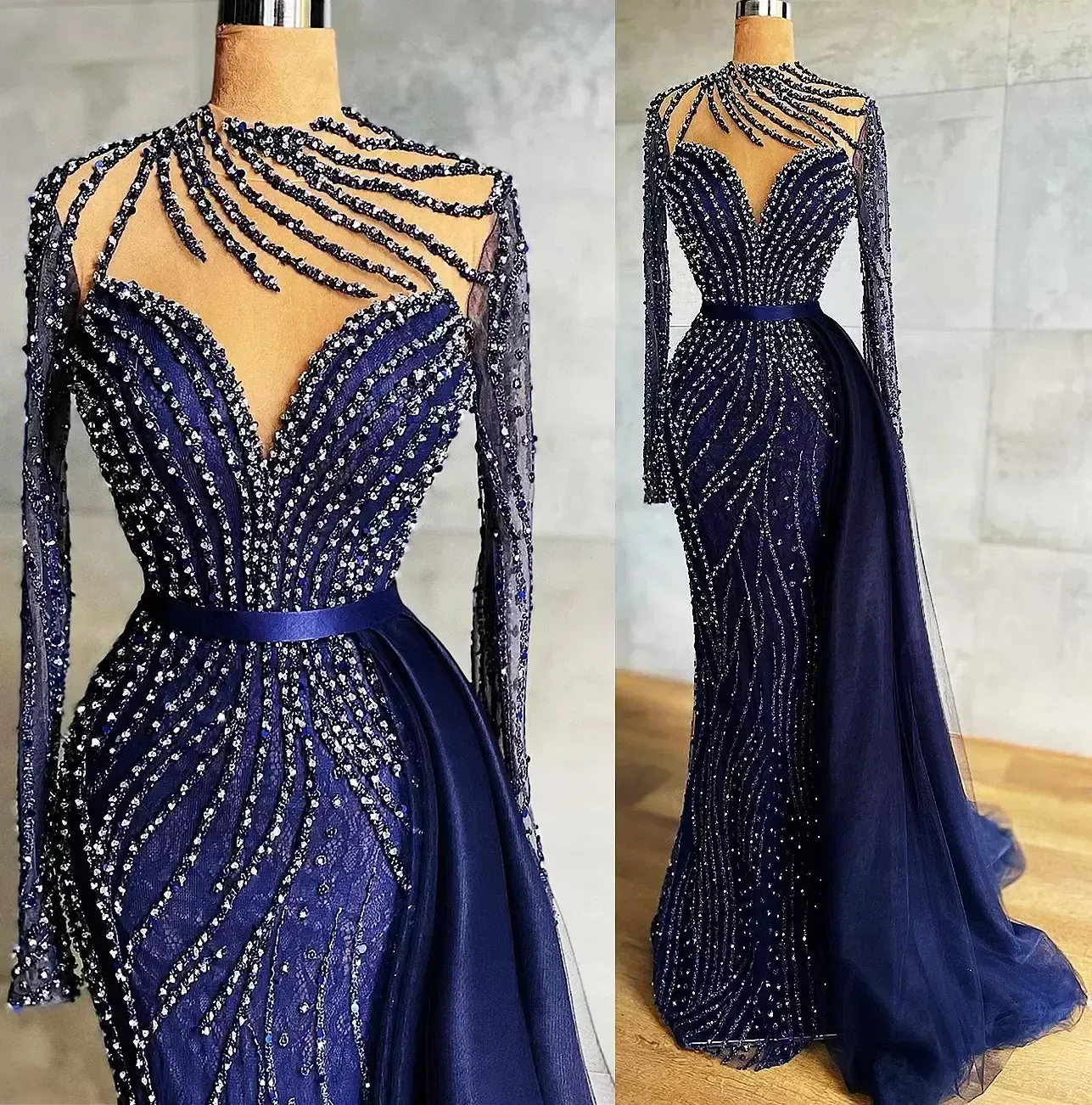 Plus La Taille Arabe Aso Ebi Bleu Marine Luxueux Robes De Bal Perlé Sirène Dentelle Soirée Formelle Deuxième Réception Robes Robe