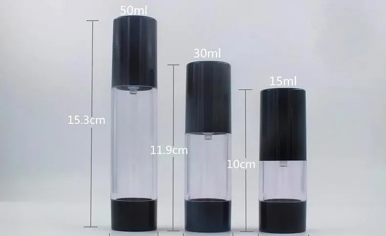 Vendita calda all'ingrosso nuovo flacone pompa airless nero da 30 ml vuoto, bottiglie riutilizzabili airless in plastica da 30 ml Moda