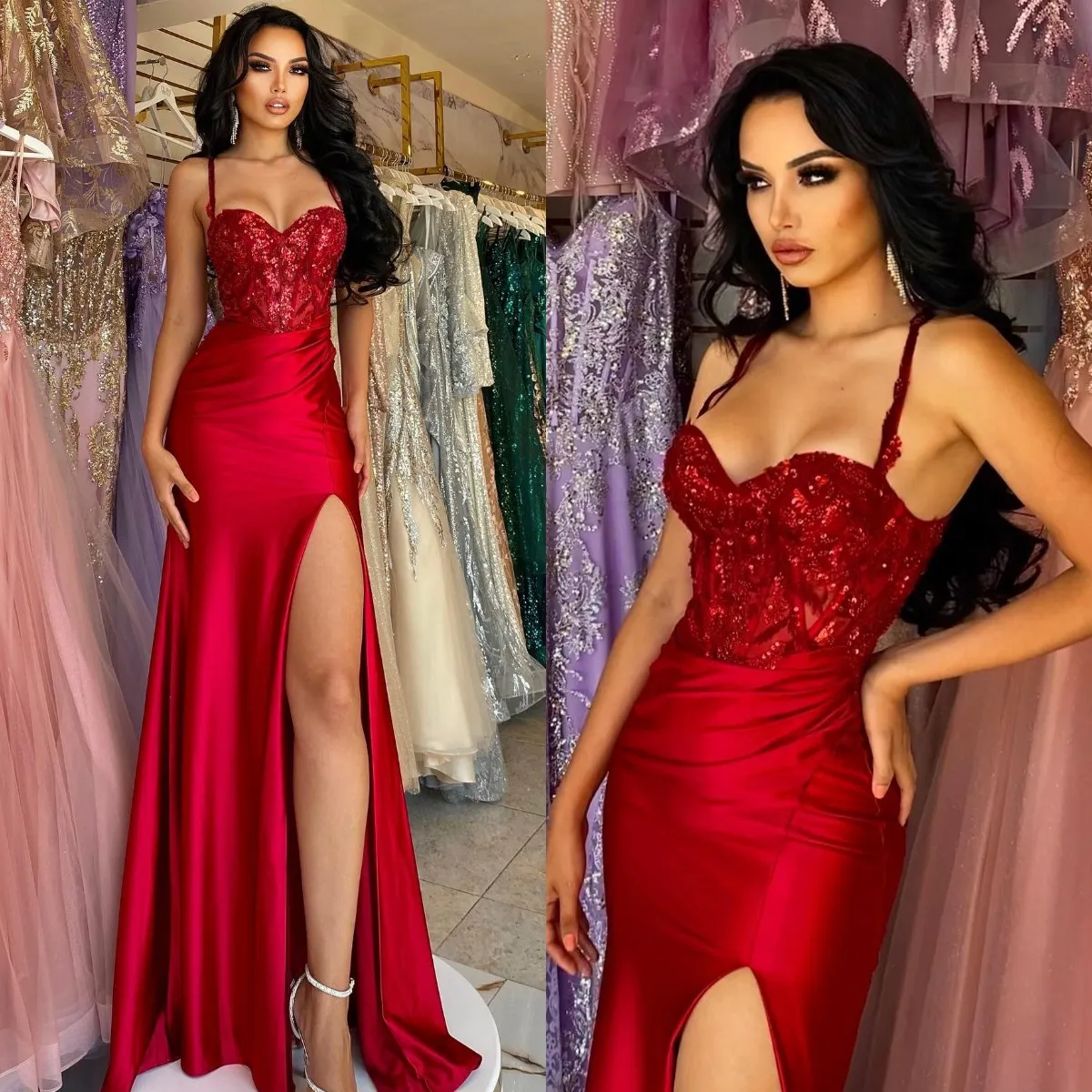 Robes de bal rouge sexy robes de soirée spaghetti plis fente paillettes semi formelle tapis rouge longue robe occasion spéciale