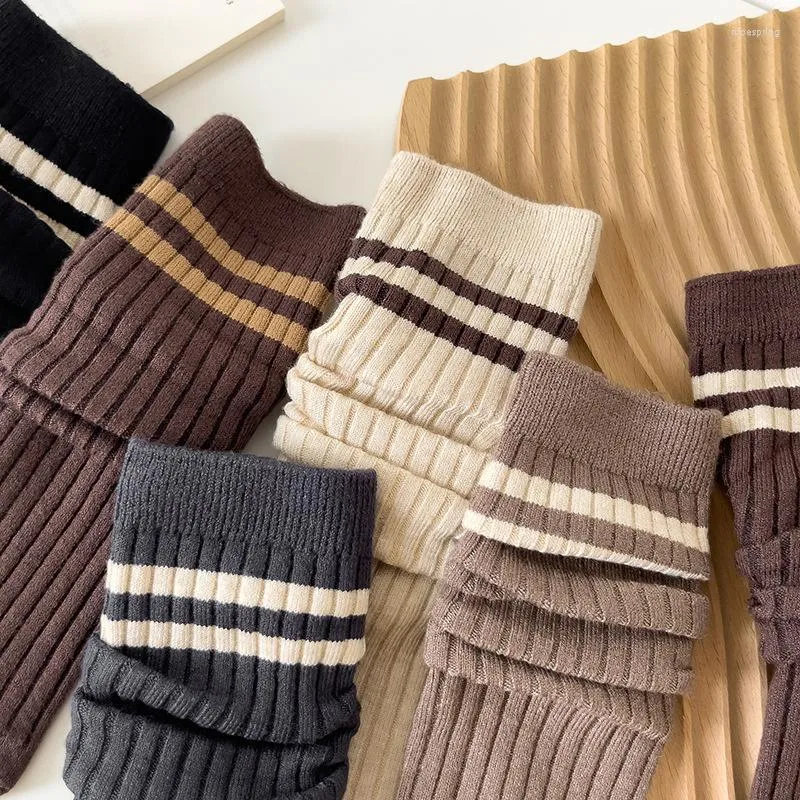 Sports Socks Color Tea Ladies Khaki Fashion Milk Autumn And Winter Striped Preppy Style Pile