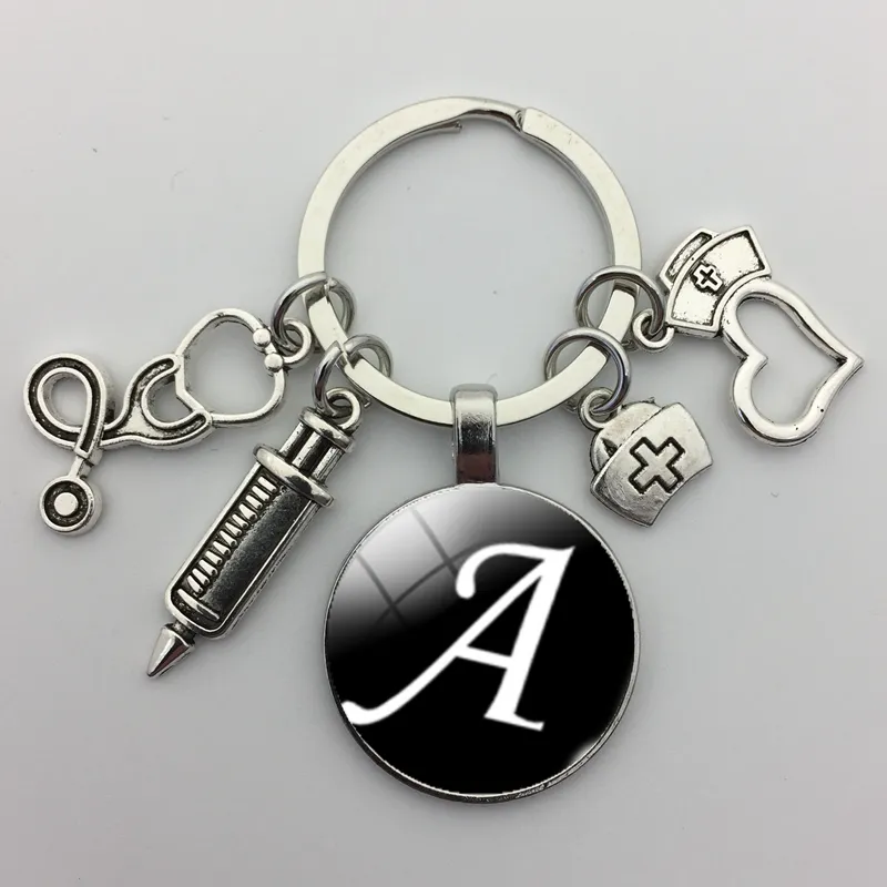 New Medical Tool Pendant Doctor Nurse Medical Syringe Stethoscope Keychain A-Z Letter Image Glass Cabochon Keyring