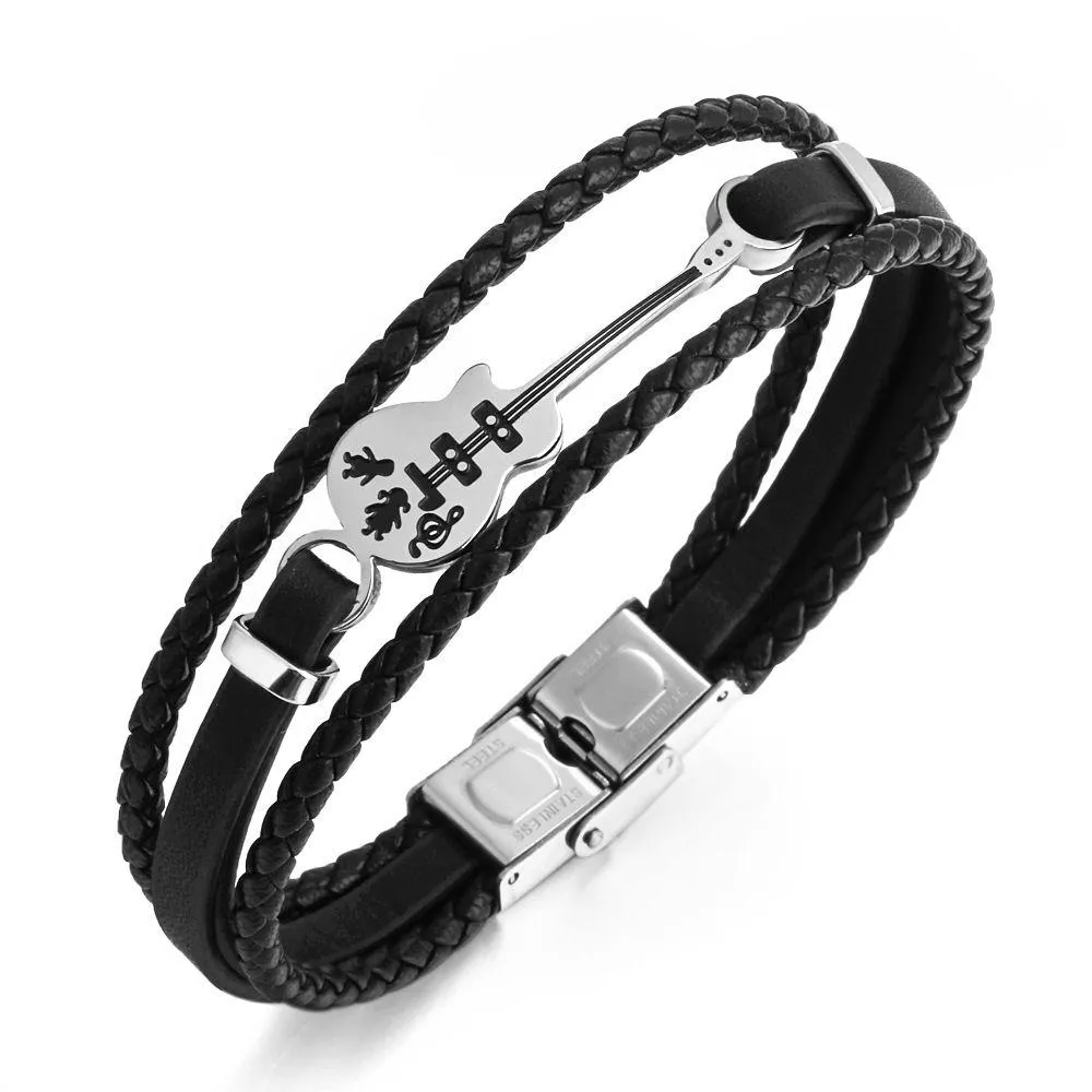 Chain Unisex Stainless Steel Genuine Leather Guitar Bracelet Link Handmade Braided Mtilayer Wristband Musical For Me D