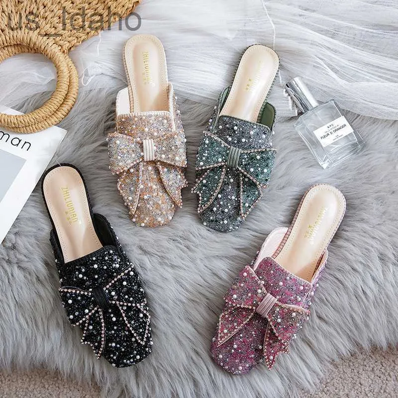 Zapatillas Punta cuadrada Paillette Cuentas Mulas Zapatillas de mujer Zapatos de verano Sandalias de mujer Chanclas Perla Bling Brillo Diapositivas Tallas grandes 34-43 J230620