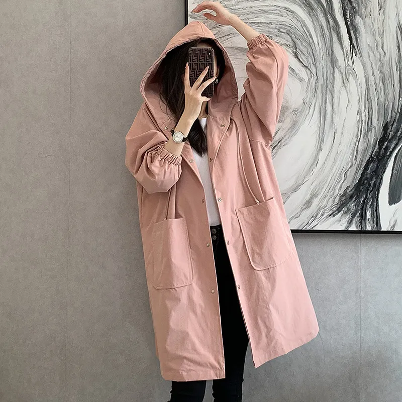 Trench-Coat grande taille XL pour femme, coupe-vent à capuche, poches solides, bouton, imperméable léger, pardessus Big331T