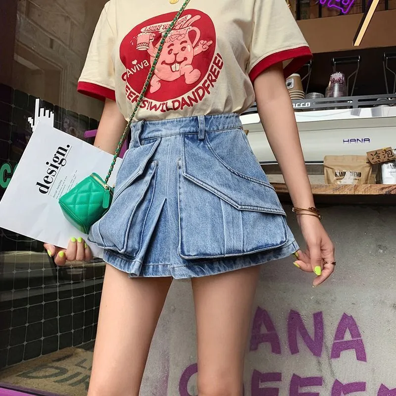 Women's Shorts Fashion Big Pockets Work Style Light Blue Summer High Waist Loose Wide Leg Denim Skirt Pants Female Casual Hundred 230619