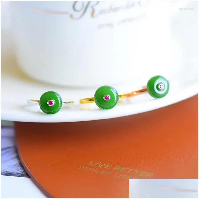 Pierścienie klastra oryginalny projekt inkrustowany naturalny hetian jadein okrągły otwarty regulowany pierścień prosty Urok Urok Ladies Sier Jewelry Drop D Dhrp4