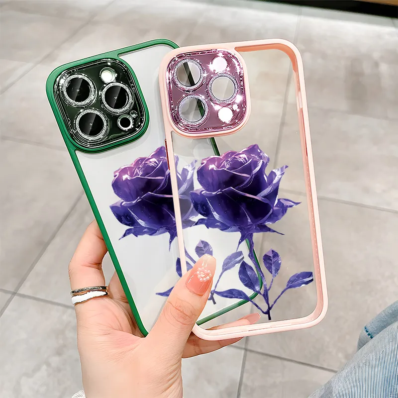 Fashion Case for iPhone 15 14 Plus 11 12 13 Pro Max Shiny Diamond Camera lens Casing Red Rose Flower Pattern HD Clear Acrylic Shockproof Cover