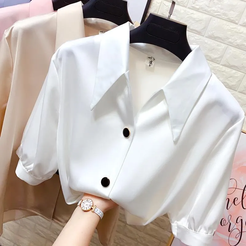 Women's Blouses Tops Lady Long Sleeves Female Ashion Button Up Loose Street Shirts High Quality Office Silk Vintage Blouse Women Sheer A43