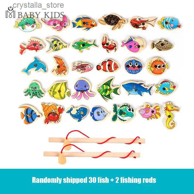 Montessori Wooden Magnetic Fishing Toys for Baby Cartoon Marine Life Cognition Fish Games Education Parent-Child Interactive L230518