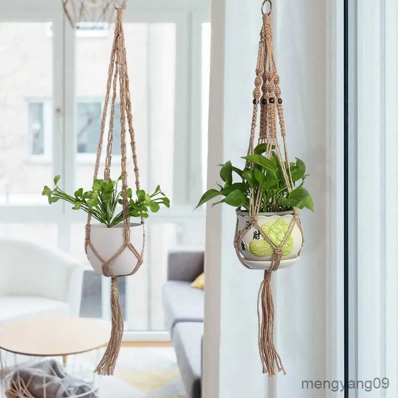 Planters Pots Hanging Plant Basket Handmade Macrame Balcony Flower Pot Net Pocket Cotton Rope Hanger for Wall Decoration Countyard Garden R230620