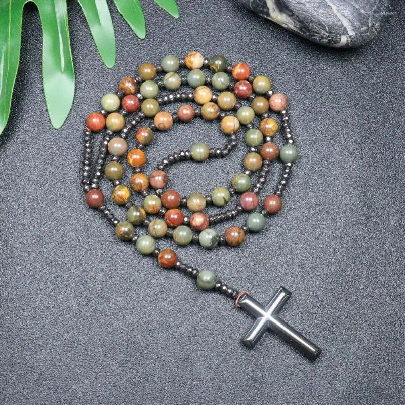 Pendanthalsband 1pc Picasso Natural Stone Cross Bead Halsband med järngallstenpärlor Handgjorda 8mm Men's Ethnic Style