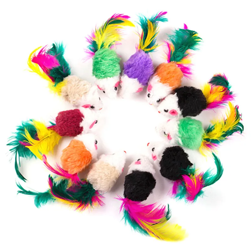 Cat toys with colorful feathers fun to play with training toys cute mini soft velvet fake mice kitten puppy pet supplies