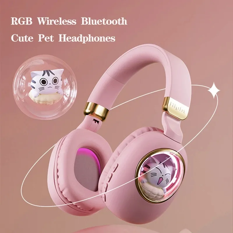 Cute Pet Wireless Bluetooth Headphones RGB Gaming Headset Noise Cancel Foldable Stereo Earphones Support AUX gifts for Girl children