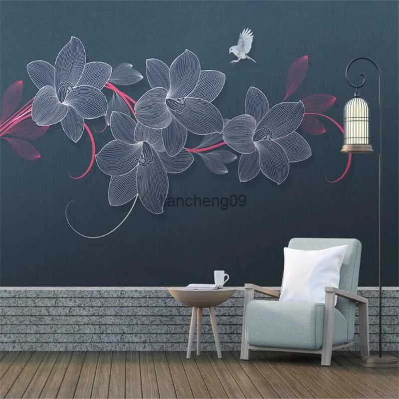 Personnalisé 3d papier peint mural petite lumière fraîche luxe fleur oiseau plante fond décoration murale peinture L230620