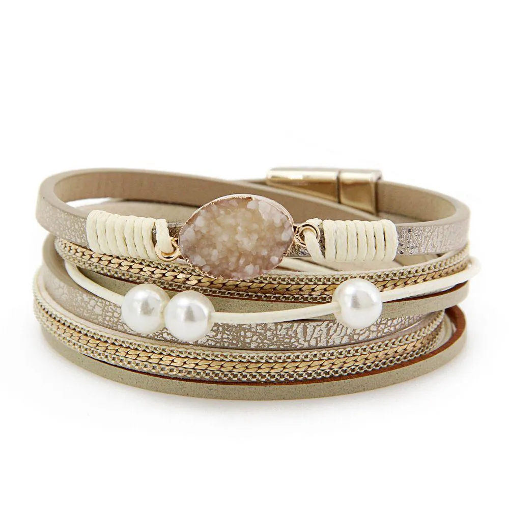 Bracciale avvolgente in pelle da tennis Polsino Boho Bracciale rigido con perline di cristallo e perle con chiusura magnetica Regali di gioielli per le donne Ragazze adolescenti Dr Dhhl3