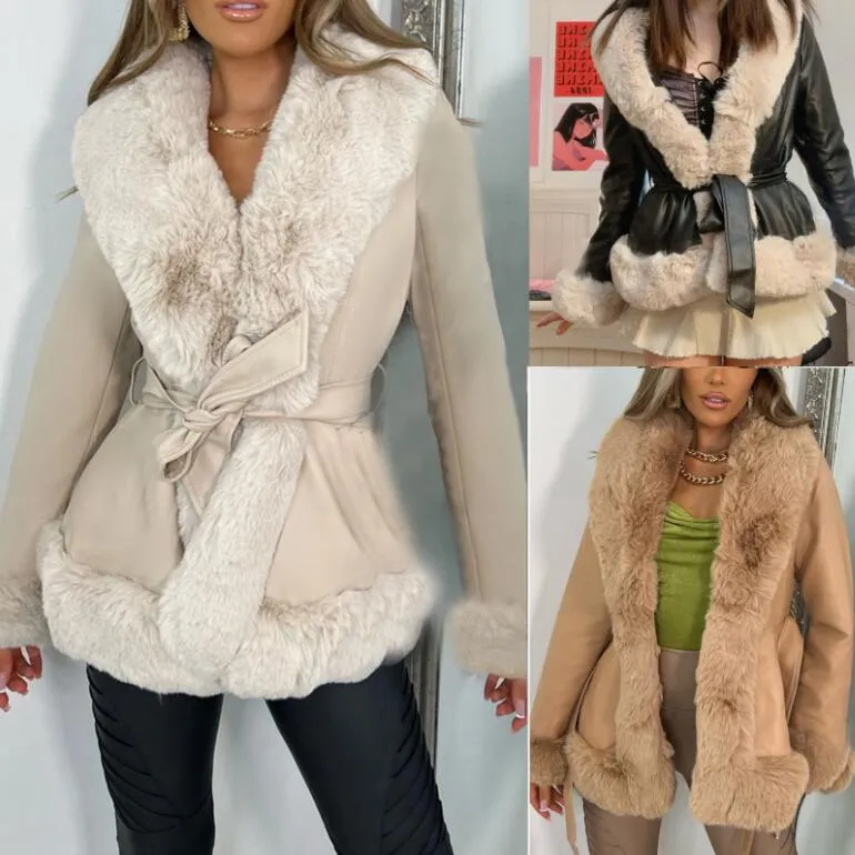 冬の女性革フェイクショートジャケット女性ファッションネクタイベルトコートエレガントなサイドポケット毛皮女性女性