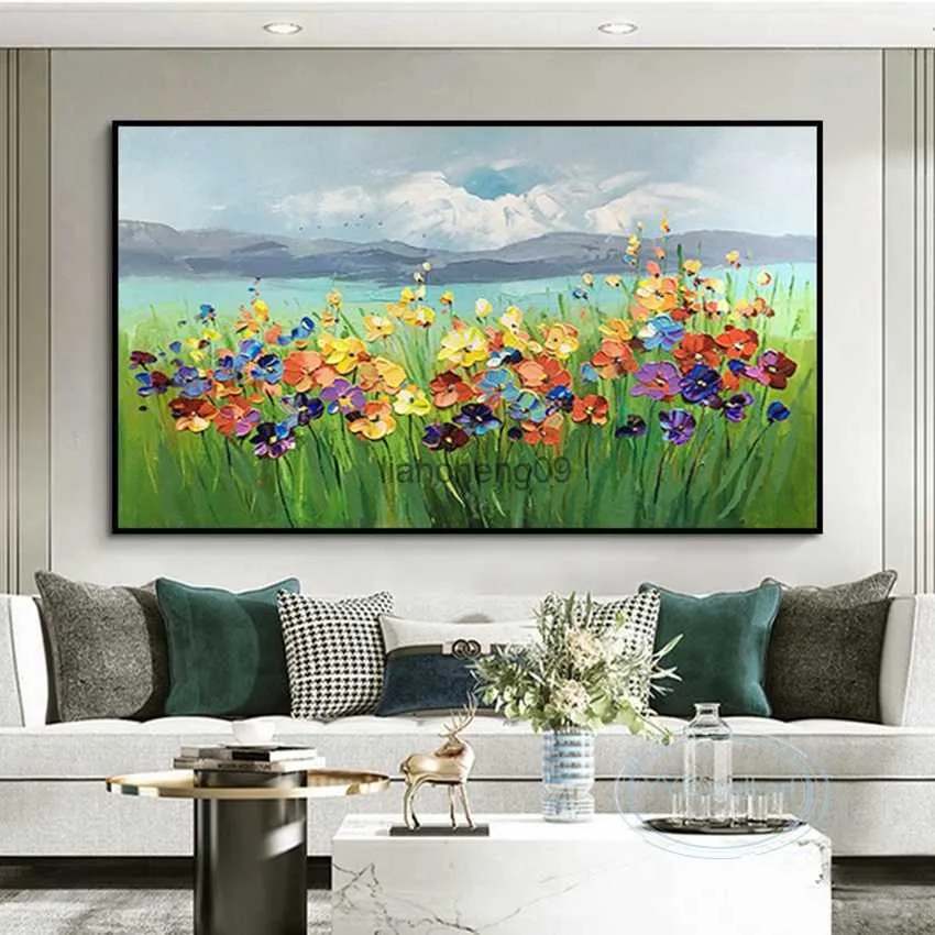 リビングルームのソファベッドルームレストランの手作りの油絵抽象テクスチャー花柄の装飾的な壁画の壁の装飾ハンギーポスターL230620