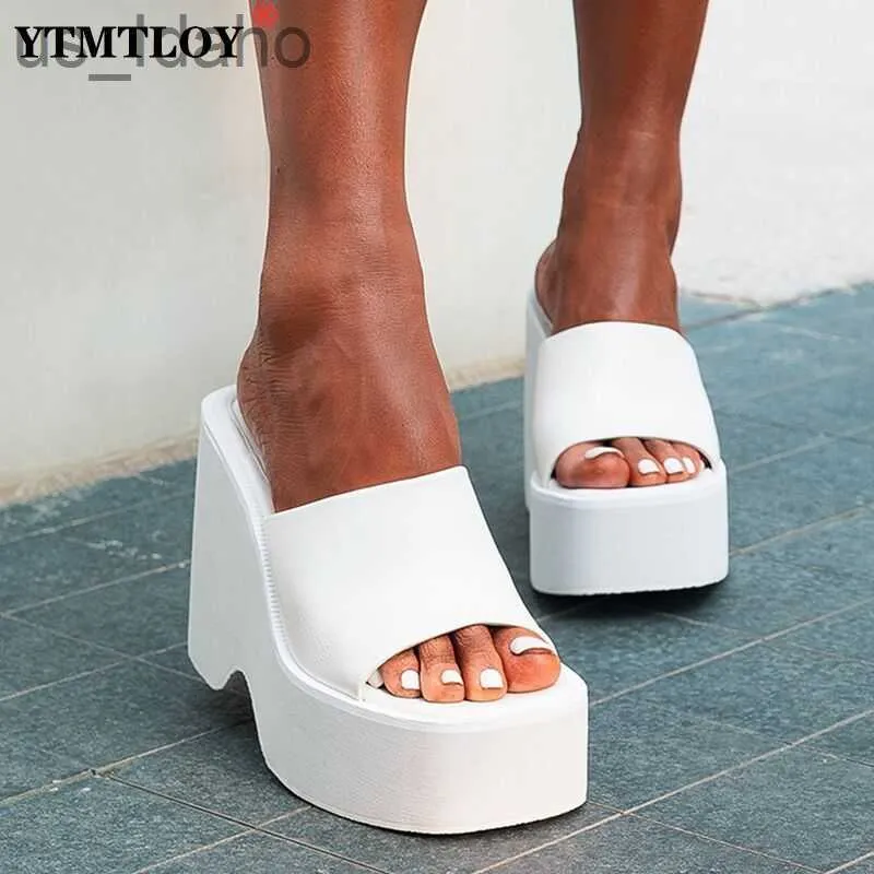 Slippers Big Size 43 Summer Black White Chunky Heeled Mules High Heels Leisure Trendy Platform Wedges Sandals Shoes For Women 2022 J230620