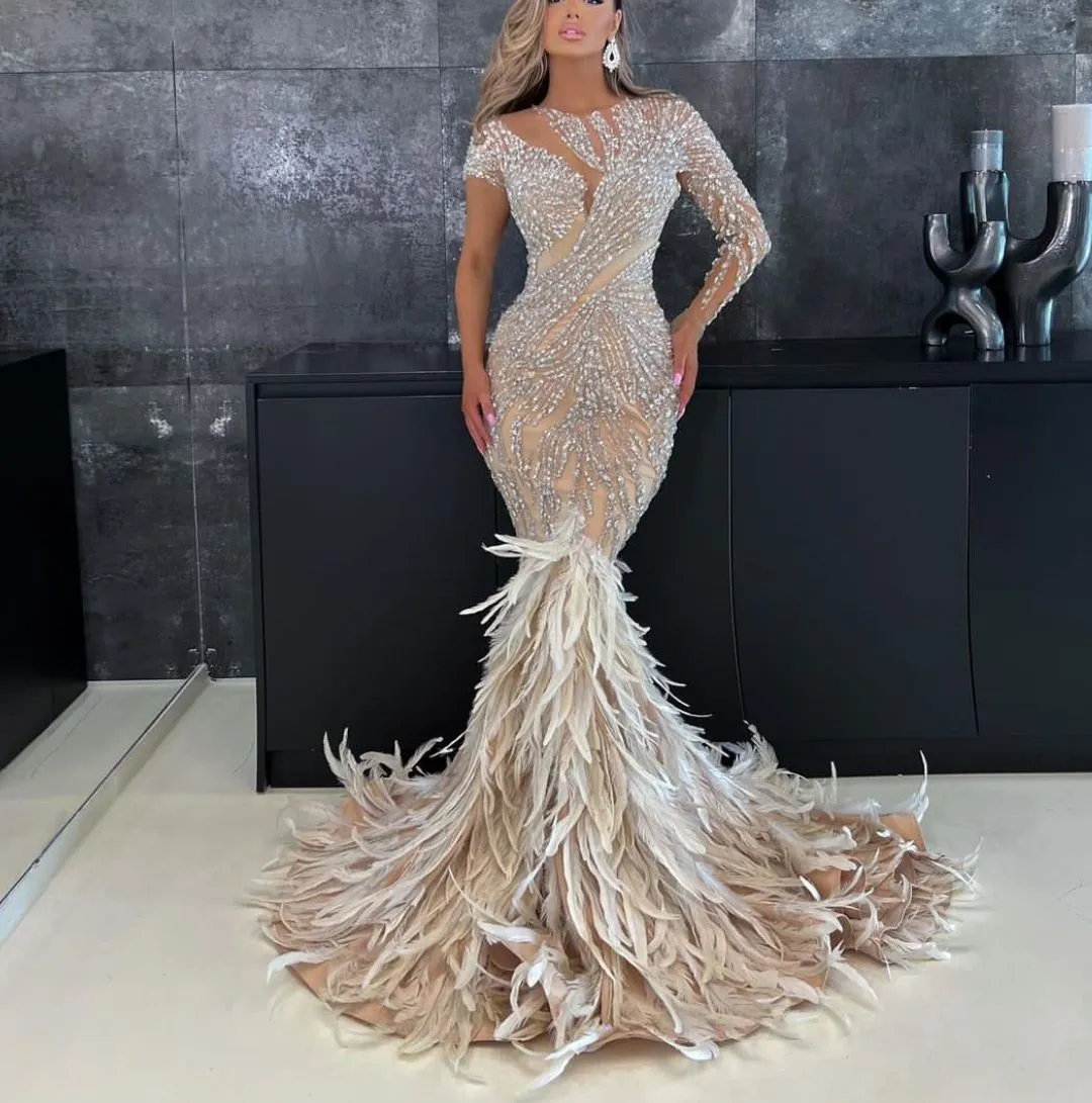 Mermaid Exquisite Prom Dresses One Long Sleeve V Neck Appliques Bed Floor Length 3D Lace Diamonds Feather Train Evening Dress Bridal Gowns Plus Size Custom