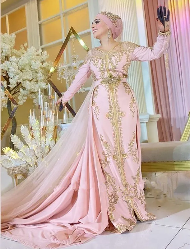 Pink Muslim Princess Wedding Dresses With Detachable Train Gold