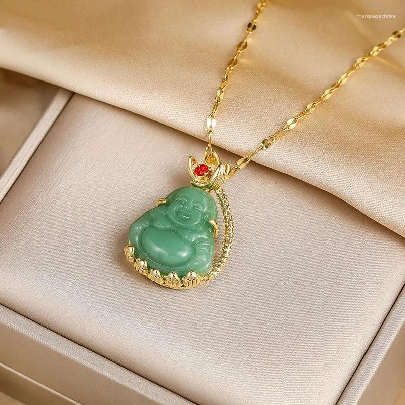 Chaînes Vert Bouddha Collier Avec Pierre Naturelle Doré Rire Maitreya Bouddhiste Pour Homme Style Chinois Collier Amulette Bijoux