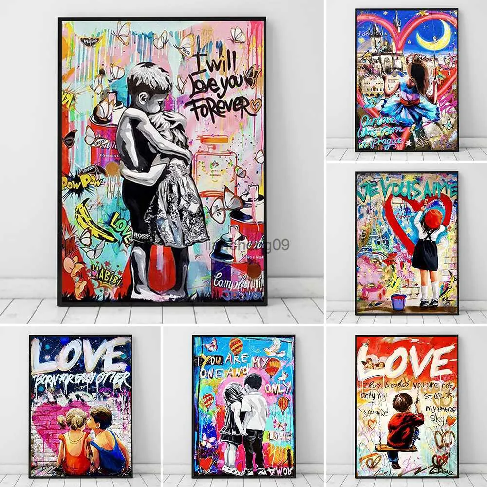 Pop Street Graffiti Girl in Love Wall Art Poster Abstract Mural Home Decor Picture Print Canvas Painting Living Room Decoration